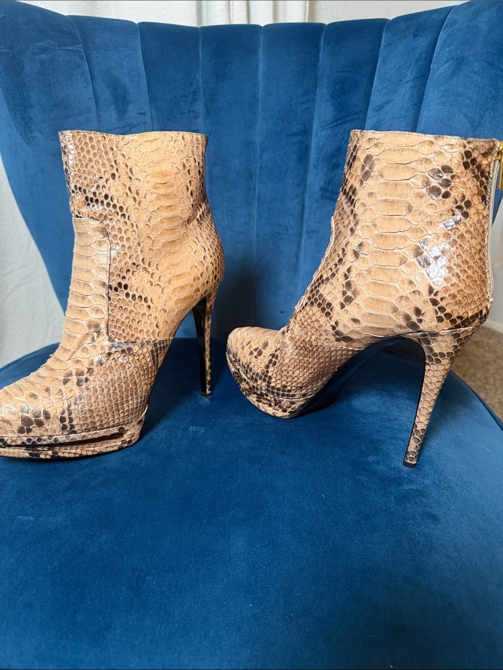 Tan Snake-Pattern High Heel Platform Ankle Boots